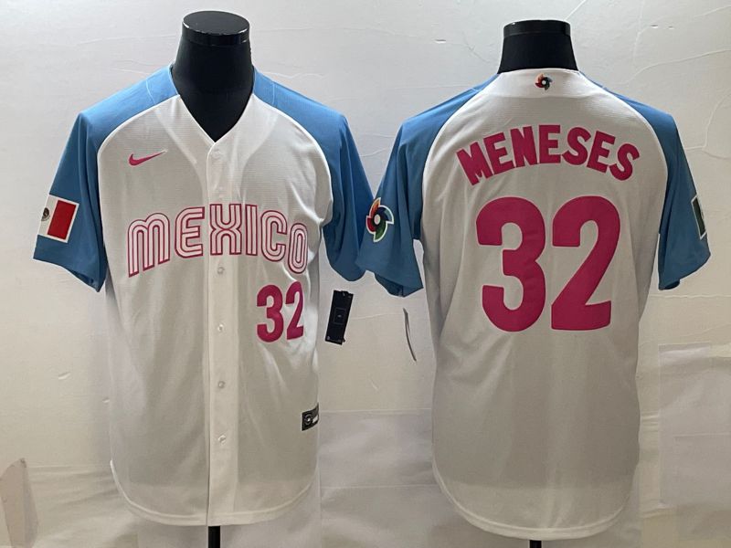 Men 2023 World Cub Mexico #32 Meneses White blue Nike MLB Jersey->more jerseys->MLB Jersey